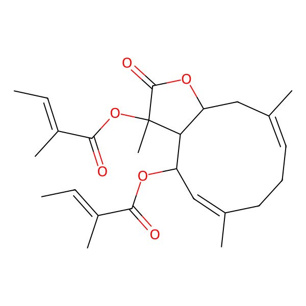 2D Structure of [(3R,3aR,4S,5E,9E,11aR)-3,6,10-trimethyl-3-[(Z)-2-methylbut-2-enoyl]oxy-2-oxo-3a,4,7,8,11,11a-hexahydrocyclodeca[b]furan-4-yl] (Z)-2-methylbut-2-enoate