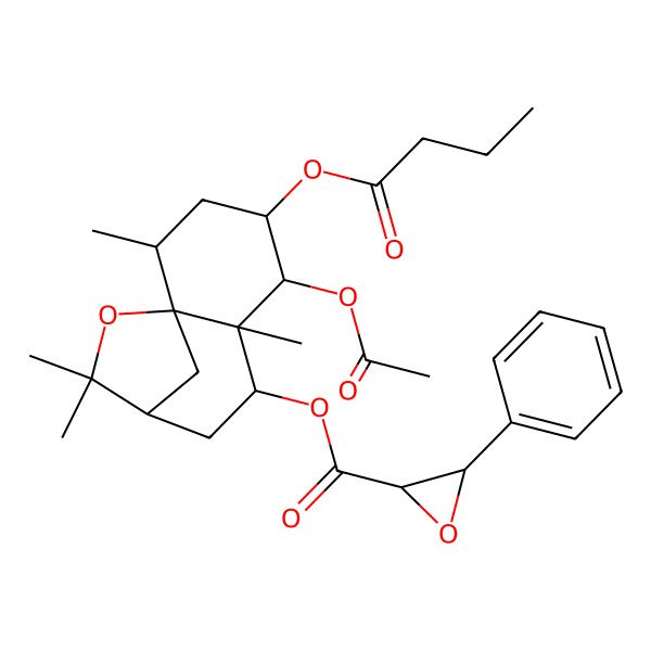 2D Structure of (5-Acetyloxy-4-butanoyloxy-2,6,10,10-tetramethyl-11-oxatricyclo[7.2.1.01,6]dodecan-7-yl) 3-phenyloxirane-2-carboxylate