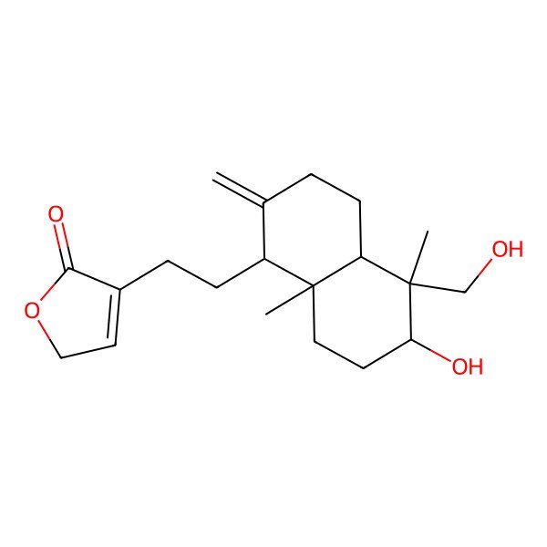 2D Structure of 2(5H)-Furanone, 3-[2-[decahydro-6-hydroxy-5-(hydroxymethyl)-5,8a-dimethyl-2-methylene-1-naphthalenyl]ethyl]-