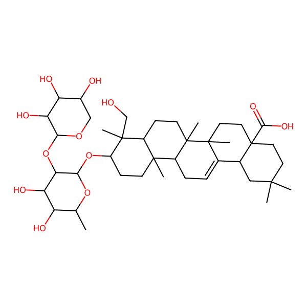 2D Structure of 10-[4,5-Dihydroxy-6-methyl-3-(3,4,5-trihydroxyoxan-2-yl)oxyoxan-2-yl]oxy-9-(hydroxymethyl)-2,2,6a,6b,9,12a-hexamethyl-1,3,4,5,6,6a,7,8,8a,10,11,12,13,14b-tetradecahydropicene-4a-carboxylic acid