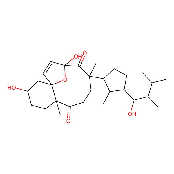 2D Structure of 3,12-Dihydroxy-10-[3-(1-hydroxy-2,3-dimethylbutyl)-2-methylcyclopentyl]-6,10-dimethyl-15-oxatricyclo[10.2.1.01,6]pentadec-13-ene-7,11-dione