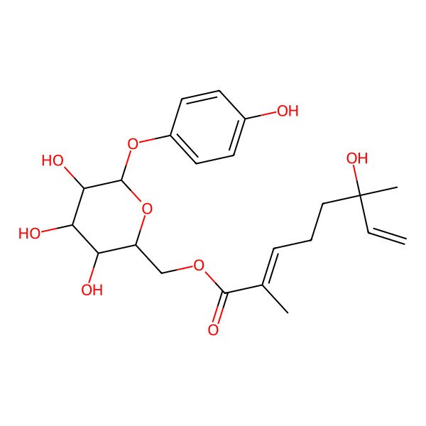 2D Structure of [(2R,3S,4S,5R,6S)-3,4,5-trihydroxy-6-(4-hydroxyphenoxy)oxan-2-yl]methyl (2E,6S)-6-hydroxy-2,6-dimethylocta-2,7-dienoate