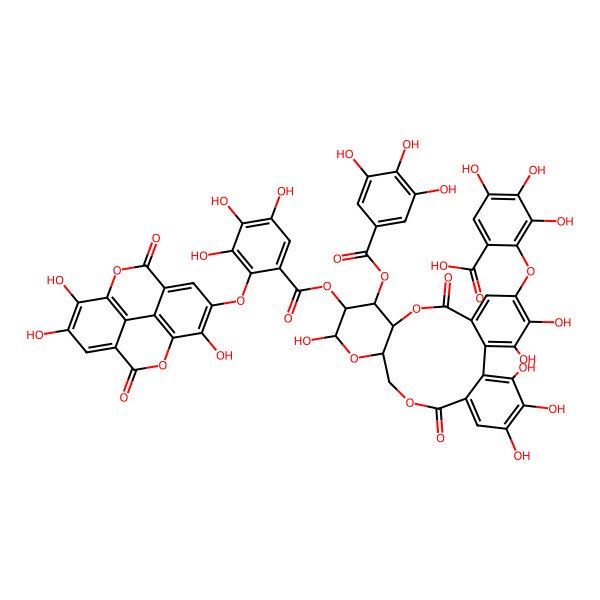 2D Structure of 2-[[3,4,13,21,22,23-Hexahydroxy-8,18-dioxo-11-(3,4,5-trihydroxybenzoyl)oxy-12-[3,4,5-trihydroxy-2-[(7,13,14-trihydroxy-3,10-dioxo-2,9-dioxatetracyclo[6.6.2.04,16.011,15]hexadeca-1(15),4,6,8(16),11,13-hexaen-6-yl)oxy]benzoyl]oxy-9,14,17-trioxatetracyclo[17.4.0.02,7.010,15]tricosa-1(23),2,4,6,19,21-hexaen-5-yl]oxy]-3,4,5-trihydroxybenzoic acid