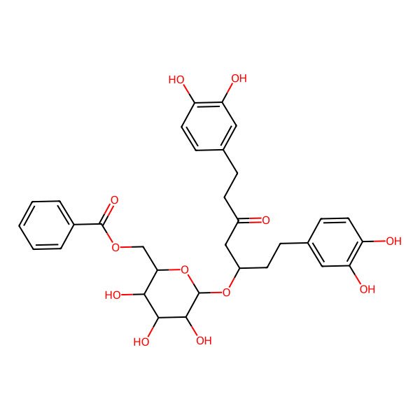 2D Structure of [(2R,3S,4S,5R,6R)-6-[(3S)-1,7-bis(3,4-dihydroxyphenyl)-5-oxoheptan-3-yl]oxy-3,4,5-trihydroxyoxan-2-yl]methyl benzoate