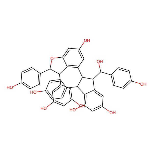 2D Structure of (1S,2R,3S)-2-[(2S,3S)-3-(3,5-dihydroxyphenyl)-6-hydroxy-2-(4-hydroxyphenyl)-2,3-dihydro-1-benzofuran-4-yl]-1-[(S)-hydroxy-(4-hydroxyphenyl)methyl]-3-(4-hydroxyphenyl)-2,3-dihydro-1H-indene-4,6-diol