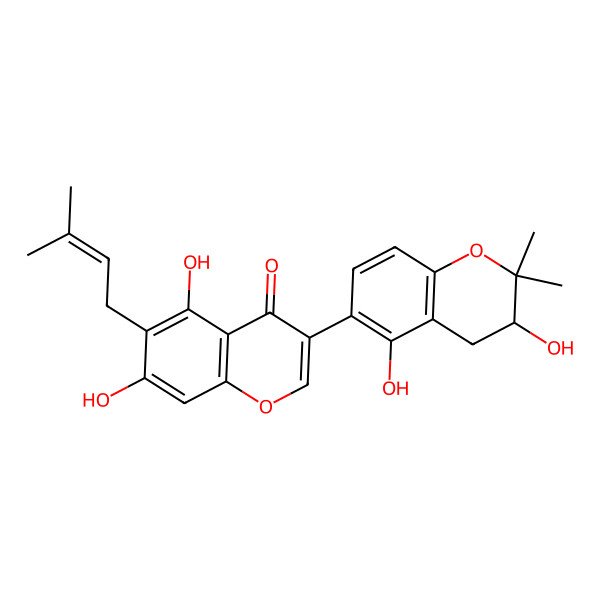 2D Structure of 3-[(3R)-3,5-dihydroxy-2,2-dimethyl-3,4-dihydrochromen-6-yl]-5,7-dihydroxy-6-(3-methylbut-2-enyl)chromen-4-one