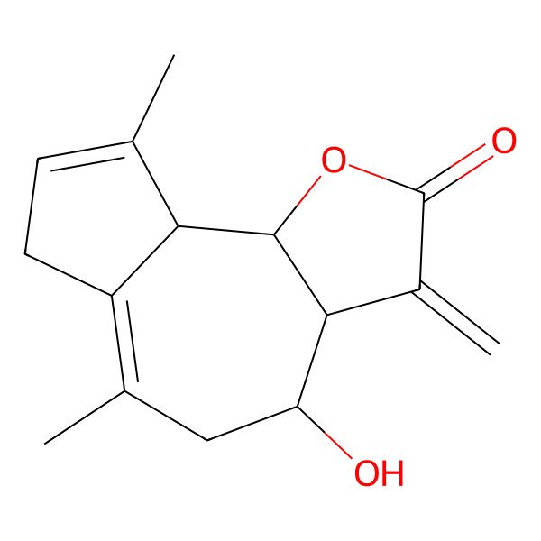 2D Structure of (3aR,4S,9aS,9bR)-4-hydroxy-6,9-dimethyl-3-methylidene-3a,4,5,7,9a,9b-hexahydroazuleno[4,5-b]furan-2-one