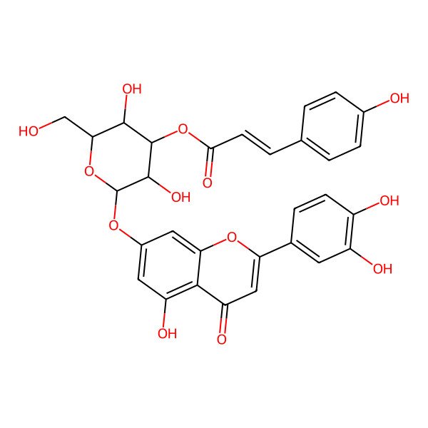 2D Structure of [(2S,3R,4S,5R,6R)-2-[2-(3,4-dihydroxyphenyl)-5-hydroxy-4-oxochromen-7-yl]oxy-3,5-dihydroxy-6-(hydroxymethyl)oxan-4-yl] (E)-3-(4-hydroxyphenyl)prop-2-enoate