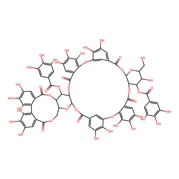 2D Structure of [4,5,6,18,19,20,23,24,25,38,39,43,44,45,52,60,61-Heptadecahydroxy-53-(hydroxymethyl)-9,15,28,35,48,57-hexaoxo-12-(3,4,5-trihydroxybenzoyl)oxy-2,10,14,29,32,34,41,49,54,56-decaoxadecacyclo[56.3.1.136,40.03,8.011,33.013,31.016,21.022,27.042,47.050,55]trihexaconta-1(62),3,5,7,16,18,20,22,24,26,36,38,40(63),42,44,46,58,60-octadecaen-51-yl] 3,4,5-trihydroxybenzoate