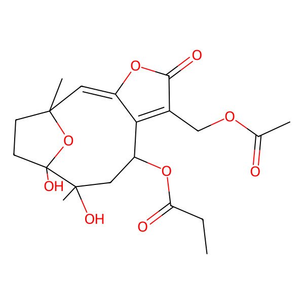 2D Structure of [(1R,2E,8S,10R,11S)-6-(acetyloxymethyl)-10,11-dihydroxy-1,10-dimethyl-5-oxo-4,14-dioxatricyclo[9.2.1.03,7]tetradeca-2,6-dien-8-yl] propanoate