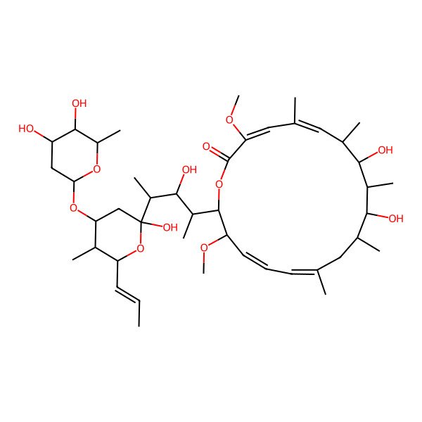 2D Structure of (3E,5Z,7R,8R,9S,10S,11R,13Z,15Z,17S,18R)-18-[(2S,3R,4S)-4-[(2R,4R,5S,6R)-4-(4,5-dihydroxy-6-methyloxan-2-yl)oxy-2-hydroxy-5-methyl-6-[(E)-prop-1-enyl]oxan-2-yl]-3-hydroxypentan-2-yl]-8,10-dihydroxy-3,17-dimethoxy-5,7,9,11,13-pentamethyl-1-oxacyclooctadeca-3,5,13,15-tetraen-2-one