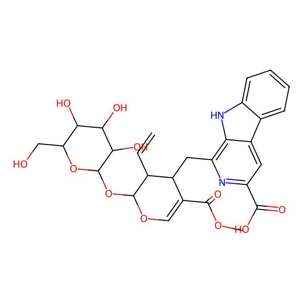 2D Structure of 1-[[(2S,3R,4S)-3-ethenyl-5-methoxycarbonyl-2-[(2S,3R,4S,5S,6R)-3,4,5-trihydroxy-6-(hydroxymethyl)oxan-2-yl]oxy-3,4-dihydro-2H-pyran-4-yl]methyl]-9H-pyrido[3,4-b]indole-3-carboxylic acid