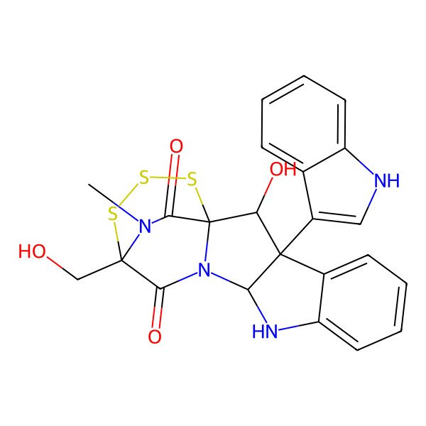 2D Structure of 2-hydroxy-14-(hydroxymethyl)-3-(1H-indol-3-yl)-19-methyl-15,16,17-trithia-10,12,19-triazapentacyclo[12.3.2.01,12.03,11.04,9]nonadeca-4,6,8-triene-13,18-dione