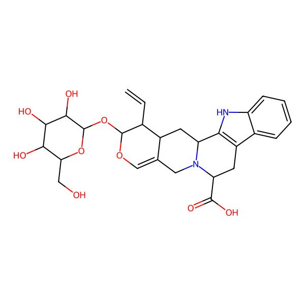 2D Structure of (1S,12S,18S,19R,20S)-19-ethenyl-18-[(2S,3R,4S,5S,6R)-3,4,5-trihydroxy-6-(hydroxymethyl)oxan-2-yl]oxy-17-oxa-3,13-diazapentacyclo[11.8.0.02,10.04,9.015,20]henicosa-2(10),4,6,8,15-pentaene-12-carboxylic acid