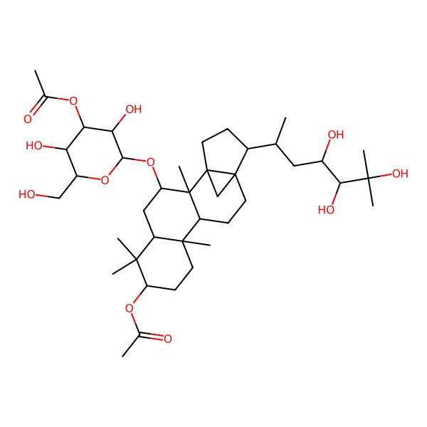 2D Structure of [3-[4-Acetyloxy-3,5-dihydroxy-6-(hydroxymethyl)oxan-2-yl]oxy-2,6,6,10-tetramethyl-15-(4,5,6-trihydroxy-6-methylheptan-2-yl)-7-pentacyclo[12.3.1.01,14.02,11.05,10]octadecanyl] acetate