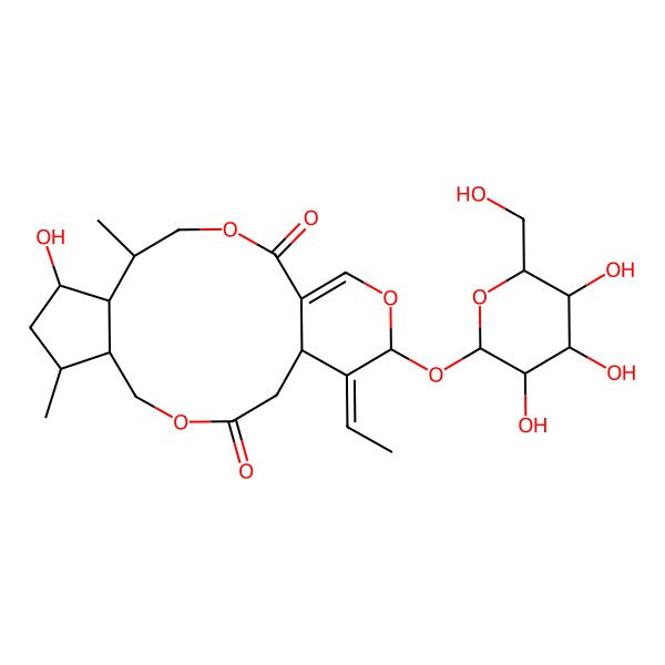 2D Structure of 16-Ethylidene-7-hydroxy-5,9-dimethyl-17-[3,4,5-trihydroxy-6-(hydroxymethyl)oxan-2-yl]oxy-3,12,18-trioxatricyclo[13.4.0.06,10]nonadec-1(19)-ene-2,13-dione