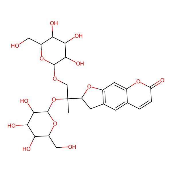 2D Structure of (2S)-2-[(2R)-1,2-bis[[(2R,3R,4S,5S,6R)-3,4,5-trihydroxy-6-(hydroxymethyl)oxan-2-yl]oxy]propan-2-yl]-2,3-dihydrofuro[3,2-g]chromen-7-one