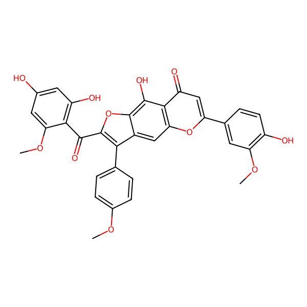 2D Structure of 2-(2,4-Dihydroxy-6-methoxybenzoyl)-9-hydroxy-6-(4-hydroxy-3-methoxyphenyl)-3-(4-methoxyphenyl)furo[2,3-g]chromen-8-one