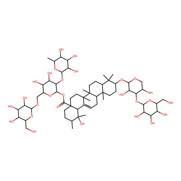 2D Structure of [4,5-Dihydroxy-6-[[3,4,5-trihydroxy-6-(hydroxymethyl)oxan-2-yl]oxymethyl]-3-(3,4,5-trihydroxy-6-methyloxan-2-yl)oxyoxan-2-yl] 10-[3,5-dihydroxy-4-[3,4,5-trihydroxy-6-(hydroxymethyl)oxan-2-yl]oxyoxan-2-yl]oxy-1-hydroxy-1,2,6a,6b,9,9,12a-heptamethyl-2,3,4,5,6,6a,7,8,8a,10,11,12,13,14b-tetradecahydropicene-4a-carboxylate