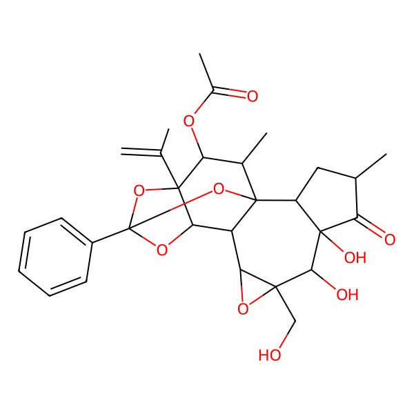 2D Structure of [(1R,2R,4S,6S,7S,8R,10S,11R,12R,14S,16S,17R,18R)-6,7-dihydroxy-8-(hydroxymethyl)-4,18-dimethyl-5-oxo-14-phenyl-16-prop-1-en-2-yl-9,13,15,19-tetraoxahexacyclo[12.4.1.01,11.02,6.08,10.012,16]nonadecan-17-yl] acetate