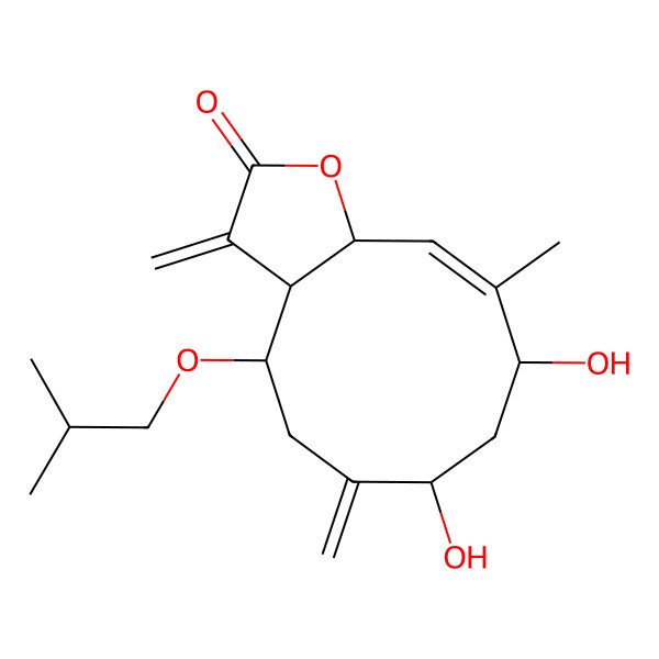 2D Structure of 7,9-dihydroxy-10-methyl-3,6-dimethylidene-4-(2-methylpropoxy)-4,5,7,8,9,11a-hexahydro-3aH-cyclodeca[b]furan-2-one