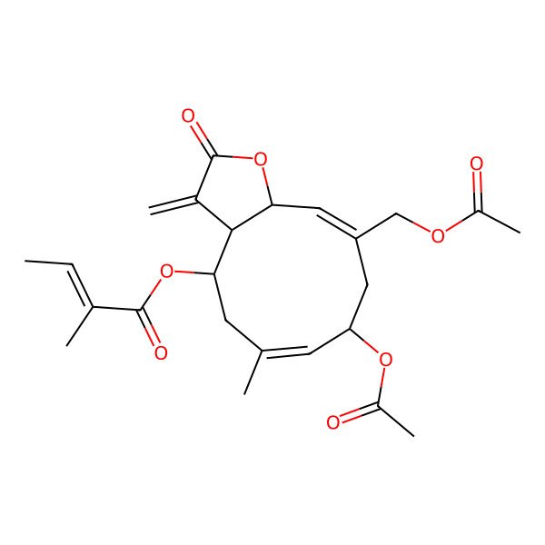 2D Structure of [(3aR,4R,6E,8R,10E,11aR)-8-acetyloxy-10-(acetyloxymethyl)-6-methyl-3-methylidene-2-oxo-3a,4,5,8,9,11a-hexahydrocyclodeca[b]furan-4-yl] (Z)-2-methylbut-2-enoate