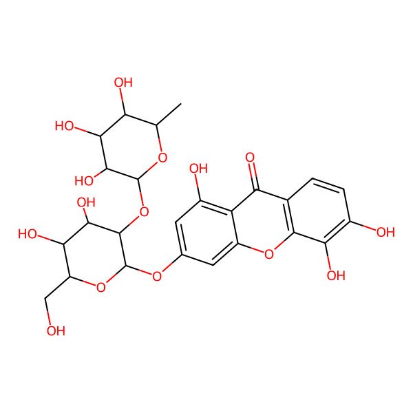 2D Structure of 3-[(2S,3R,4S,5S,6R)-4,5-dihydroxy-6-(hydroxymethyl)-3-[(2S,3R,4R,5R,6S)-3,4,5-trihydroxy-6-methyloxan-2-yl]oxyoxan-2-yl]oxy-1,5,6-trihydroxyxanthen-9-one