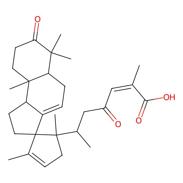 2D Structure of (E,6R)-6-[(1'S,3R,5aR,9aR,9bS)-1',3',6,6,9a-pentamethyl-7-oxospiro[2,5,5a,8,9,9b-hexahydro-1H-cyclopenta[a]naphthalene-3,2'-cyclopent-3-ene]-1'-yl]-2-methyl-4-oxohept-2-enoic acid