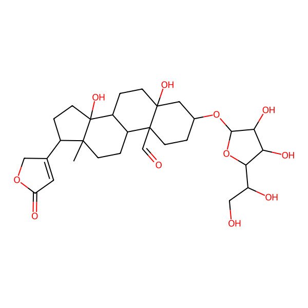2D Structure of (3S,5S,8R,9S,10S,13R,14S,17R)-3-[(2R,3R,4R,5R)-5-[(1R)-1,2-dihydroxyethyl]-3,4-dihydroxyoxolan-2-yl]oxy-5,14-dihydroxy-13-methyl-17-(5-oxo-2H-furan-3-yl)-2,3,4,6,7,8,9,11,12,15,16,17-dodecahydro-1H-cyclopenta[a]phenanthrene-10-carbaldehyde