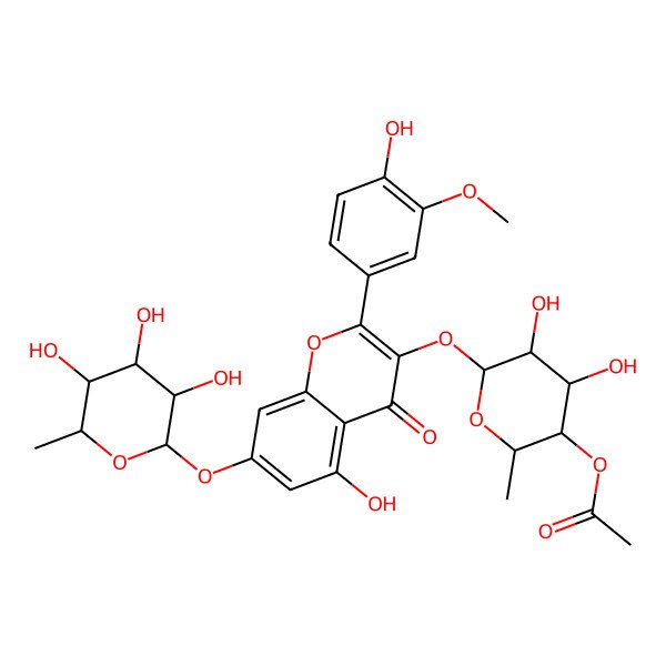 2D Structure of [(2S,3R,4S,5R)-4,5-dihydroxy-6-[5-hydroxy-2-(4-hydroxy-3-methoxyphenyl)-4-oxo-7-[(3R,4R,5R,6S)-3,4,5-trihydroxy-6-methyloxan-2-yl]oxychromen-3-yl]oxy-2-methyloxan-3-yl] acetate