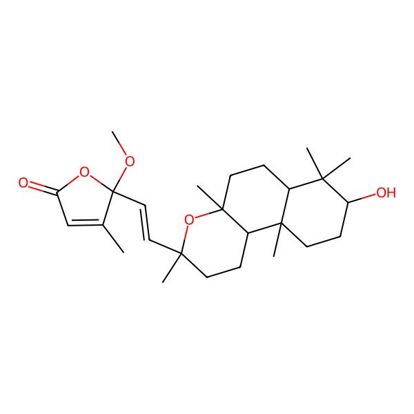 2D Structure of (5R)-5-[(E)-2-[(3R,4aR,6aR,8R,10aS,10bR)-8-hydroxy-3,4a,7,7,10a-pentamethyl-2,5,6,6a,8,9,10,10b-octahydro-1H-benzo[f]chromen-3-yl]ethenyl]-5-methoxy-4-methylfuran-2-one