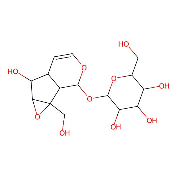 2D Structure of (2S,3R,4S,5S,6R)-2-[[(1S,2R,4R,5S,6R,10S)-5-hydroxy-2-(hydroxymethyl)-3,9-dioxatricyclo[4.4.0.02,4]dec-7-en-10-yl]oxy]-6-(hydroxymethyl)oxane-3,4,5-triol