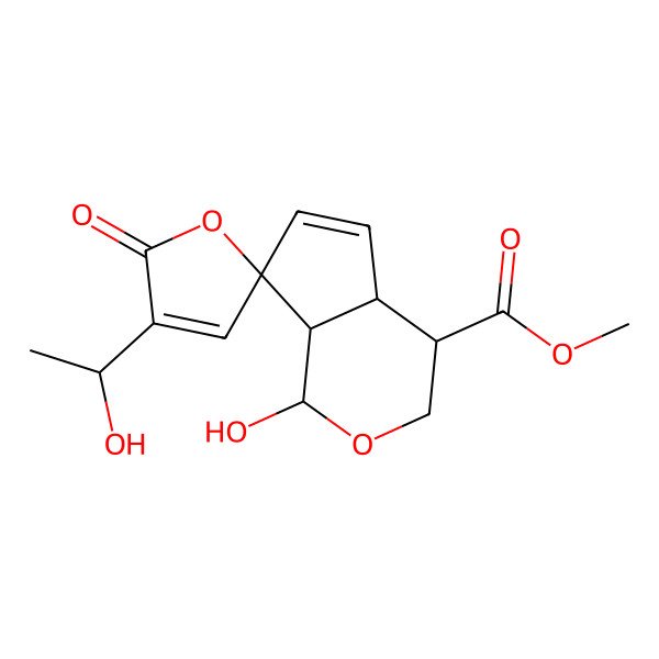 2D Structure of methyl 1-hydroxy-4'-(1-hydroxyethyl)-5'-oxospiro[3,4,4a,7a-tetrahydro-1H-cyclopenta[c]pyran-7,2'-furan]-4-carboxylate