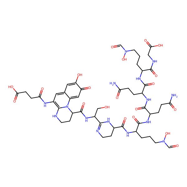 2D Structure of 4-[[(1S)-1-[[1-[6-[[1-[[5-amino-1-[[5-amino-1-[[1-(carboxymethylamino)-5-[formyl(hydroxy)amino]-1-oxopentan-2-yl]amino]-1,5-dioxopentan-2-yl]amino]-1,5-dioxopentan-2-yl]amino]-5-[formyl(hydroxy)amino]-1-oxopentan-2-yl]carbamoyl]-1,4,5,6-tetrahydropyrimidin-2-yl]-2-hydroxyethyl]carbamoyl]-8-hydroxy-9-oxo-1,2,3,4-tetrahydropyrimido[1,2-a]quinolin-5-yl]amino]-4-oxobutanoic acid