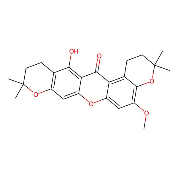 2D Structure of 22-Hydroxy-10-methoxy-7,7,18,18-tetramethyl-8,13,17-trioxapentacyclo[12.8.0.03,12.04,9.016,21]docosa-1(22),3,9,11,14,16(21)-hexaen-2-one