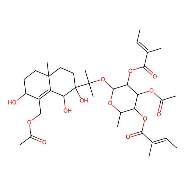 2D Structure of [(2R,3S,4S,5R)-6-[2-[(1S,2R,4aR,7R)-8-(acetyloxymethyl)-1,2,7-trihydroxy-4a-methyl-1,3,4,5,6,7-hexahydronaphthalen-2-yl]propan-2-yloxy]-4-acetyloxy-2-methyl-5-[(Z)-2-methylbut-2-enoyl]oxyoxan-3-yl] (Z)-2-methylbut-2-enoate
