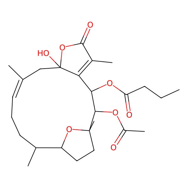 2D Structure of [(1R,2S,3R,8S,10E,14R,15S)-2-acetyloxy-8-hydroxy-1,5,10,14-tetramethyl-6-oxo-7,18-dioxatricyclo[13.2.1.04,8]octadeca-4,10-dien-3-yl] butanoate