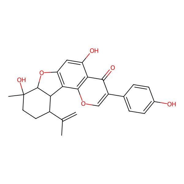 2D Structure of (7aS,8R,11R,11aR)-5,8-dihydroxy-3-(4-hydroxyphenyl)-8-methyl-11-prop-1-en-2-yl-9,10,11,11a-tetrahydro-7aH-[1]benzofuro[2,3-h]chromen-4-one