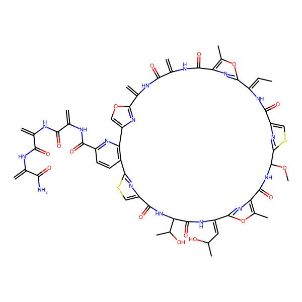 2D Structure of (17E,31Z)-N-[3-[[3-[(3-amino-3-oxoprop-1-en-2-yl)amino]-3-oxoprop-1-en-2-yl]amino]-3-oxoprop-1-en-2-yl]-31-ethylidene-14-[(1R)-1-hydroxyethyl]-17-(2-hydroxypropylidene)-24-methoxy-20,34-dimethyl-38,41-dimethylidene-12,15,22,29,36,39-hexaoxo-19,33,43-trioxa-9,26-dithia-3,13,16,23,30,37,40,45,46,47,48,49-dodecazaheptacyclo[40.2.1.18,11.118,21.125,28.132,35.02,7]nonatetraconta-1(44),2(7),3,5,8(49),10,18(48),20,25(47),27,32(46),34,42(45)-tridecaene-4-carboxamide