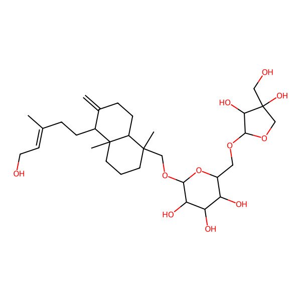 2D Structure of (2R,3R,4S,5S,6R)-2-[[(1R,4aS,5R,8aR)-5-[(E)-5-hydroxy-3-methylpent-3-enyl]-1,4a-dimethyl-6-methylidene-3,4,5,7,8,8a-hexahydro-2H-naphthalen-1-yl]methoxy]-6-[[(2R,3R,4R)-3,4-dihydroxy-4-(hydroxymethyl)oxolan-2-yl]oxymethyl]oxane-3,4,5-triol