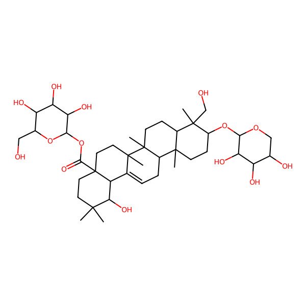 2D Structure of [(2S,3R,4S,5S,6R)-3,4,5-trihydroxy-6-(hydroxymethyl)oxan-2-yl] (1S,4aR,6aS,6aS,6bR,8aR,9R,10S,12aR,14bR)-1-hydroxy-9-(hydroxymethyl)-2,2,6a,6b,9,12a-hexamethyl-10-[(2S,3R,4S,5S)-3,4,5-trihydroxyoxan-2-yl]oxy-1,3,4,5,6,6a,7,8,8a,10,11,12,13,14b-tetradecahydropicene-4a-carboxylate