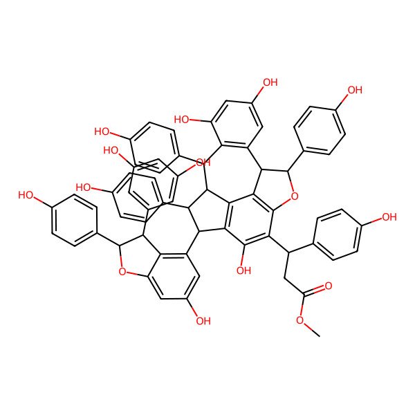 2D Structure of Methyl 3-[3-[3-(3,5-dihydroxyphenyl)-6-hydroxy-2-(4-hydroxyphenyl)-2,3-dihydro-1-benzofuran-4-yl]-5,13,15-trihydroxy-2,9,17-tris(4-hydroxyphenyl)-8-oxapentacyclo[8.7.2.04,18.07,19.011,16]nonadeca-4(18),5,7(19),11(16),12,14-hexaen-6-yl]-3-(4-hydroxyphenyl)propanoate