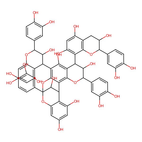 2D Structure of 5,13-bis(3,4-dihydroxyphenyl)-10-[2-(3,4-dihydroxyphenyl)-3,5,7-trihydroxy-3,4-dihydro-2H-chromen-4-yl]-7-[2-(3,4-dihydroxyphenyl)-3,5,7-trihydroxy-3,4-dihydro-2H-chromen-8-yl]-4,12,14-trioxapentacyclo[11.7.1.02,11.03,8.015,20]henicosa-2,8,10,15,17,19-hexaene-6,9,17,19,21-pentol