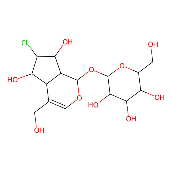 2D Structure of (2S,3R,4S,5S,6R)-2-[[(1S,4aS,5S,6R,7R,7aS)-6-chloro-5,7-dihydroxy-4-(hydroxymethyl)-1,4a,5,6,7,7a-hexahydrocyclopenta[c]pyran-1-yl]oxy]-6-(hydroxymethyl)oxane-3,4,5-triol