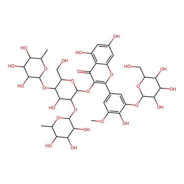 2D Structure of 5,7-dihydroxy-3-[(2S,3R,4S,5S,6R)-4-hydroxy-6-(hydroxymethyl)-3,5-bis[[(2S,3R,4R,5R,6S)-3,4,5-trihydroxy-6-methyloxan-2-yl]oxy]oxan-2-yl]oxy-2-[4-hydroxy-3-methoxy-5-[(2S,3R,4S,5S,6R)-3,4,5-trihydroxy-6-(hydroxymethyl)oxan-2-yl]oxyphenyl]chromen-4-one