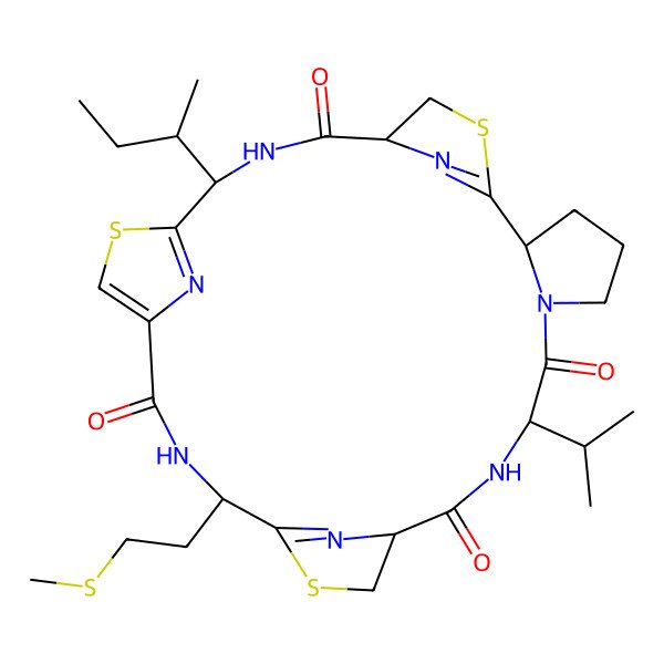 2D Structure of (2S,8S,11R,15S,22S)-22-butan-2-yl-15-(2-methylsulfanylethyl)-8-propan-2-yl-13,20,27-trithia-6,9,16,23,28,29,30-heptazapentacyclo[23.2.1.111,14.118,21.02,6]triaconta-1(28),14(30),18,21(29)-tetraene-7,10,17,24-tetrone