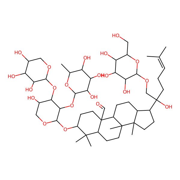 2D Structure of 17-[2-hydroxy-6-methyl-1-[3,4,5-trihydroxy-6-(hydroxymethyl)oxan-2-yl]oxyhept-5-en-2-yl]-3-[5-hydroxy-3-(3,4,5-trihydroxy-6-methyloxan-2-yl)oxy-4-(3,4,5-trihydroxyoxan-2-yl)oxyoxan-2-yl]oxy-4,4,8,14-tetramethyl-2,3,5,6,7,9,11,12,13,15,16,17-dodecahydro-1H-cyclopenta[a]phenanthrene-10-carbaldehyde