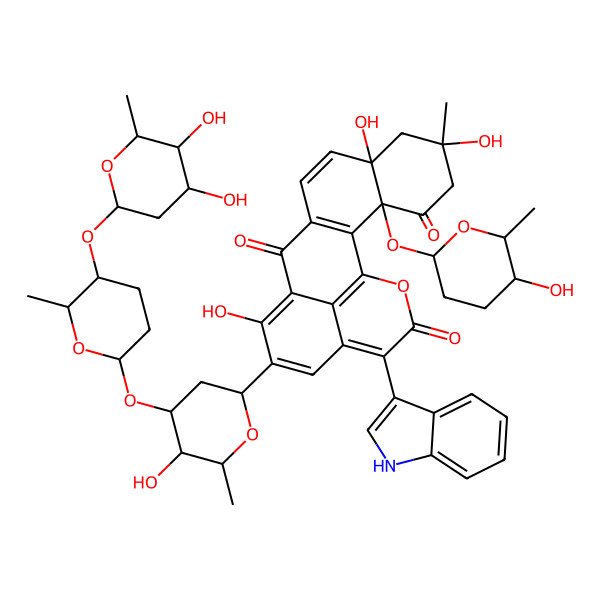2D Structure of (3S,6R,8R)-15-[(2R,4R,5R,6R)-4-[(2S,5S,6S)-5-[(2S,4R,5S,6R)-4,5-dihydroxy-6-methyloxan-2-yl]oxy-6-methyloxan-2-yl]oxy-5-hydroxy-6-methyloxan-2-yl]-6,8,14-trihydroxy-3-[(2S,5S,6S)-5-hydroxy-6-methyloxan-2-yl]oxy-18-(1H-indol-3-yl)-6-methyl-20-oxapentacyclo[11.7.1.02,11.03,8.017,21]henicosa-1(21),2(11),9,13,15,17-hexaene-4,12,19-trione