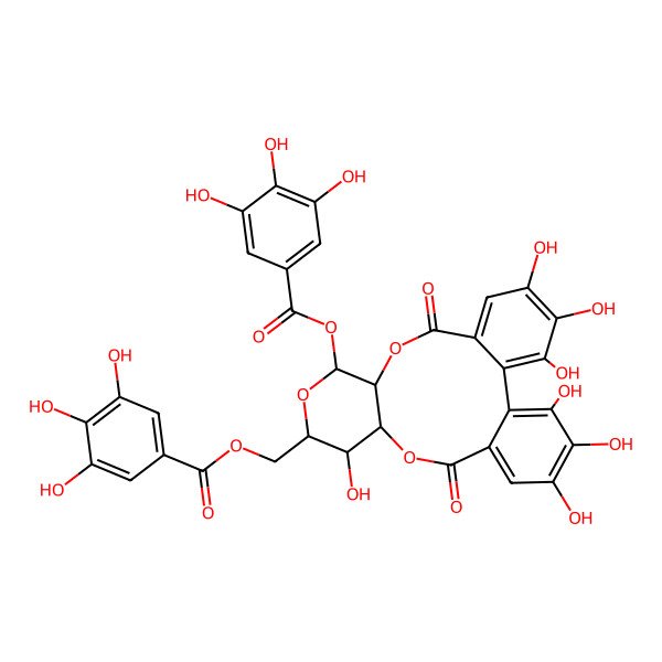 2D Structure of [(10R,11R,13R,14R,15S)-3,4,5,14,20,21,22-heptahydroxy-8,17-dioxo-11-(3,4,5-trihydroxybenzoyl)oxy-9,12,16-trioxatetracyclo[16.4.0.02,7.010,15]docosa-1(22),2,4,6,18,20-hexaen-13-yl]methyl 3,4,5-trihydroxybenzoate