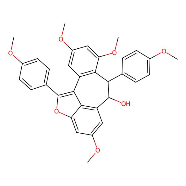 2D Structure of 4,6,12-Trimethoxy-8,16-bis(4-methoxyphenyl)-15-oxatetracyclo[8.6.1.02,7.014,17]heptadeca-1(16),2(7),3,5,10(17),11,13-heptaen-9-ol